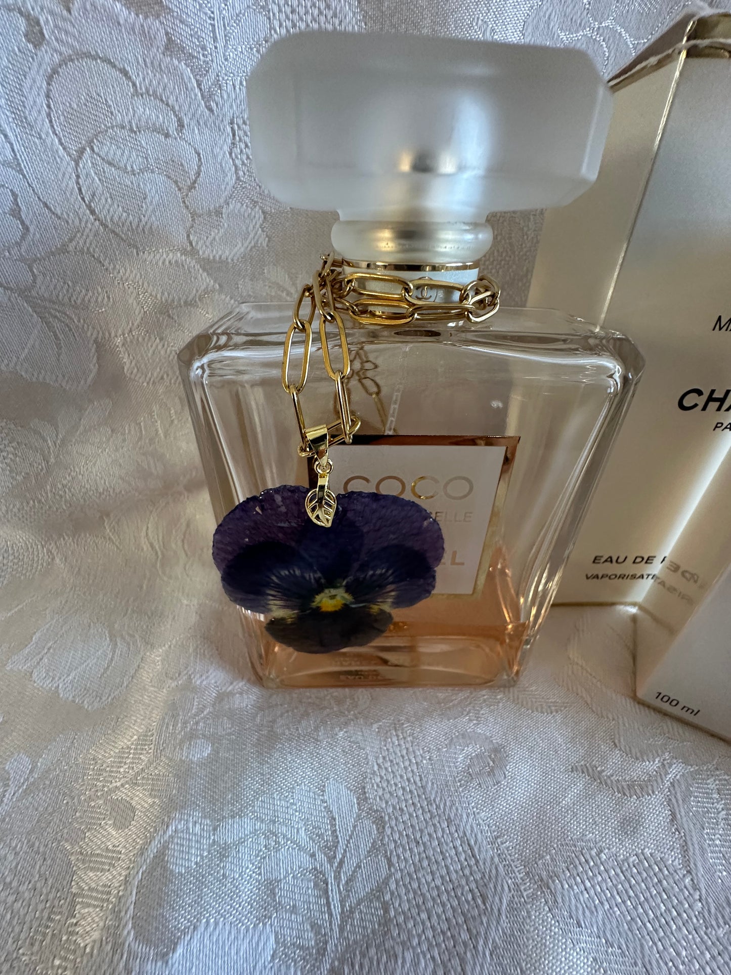 Purple pansy paperclip necklace