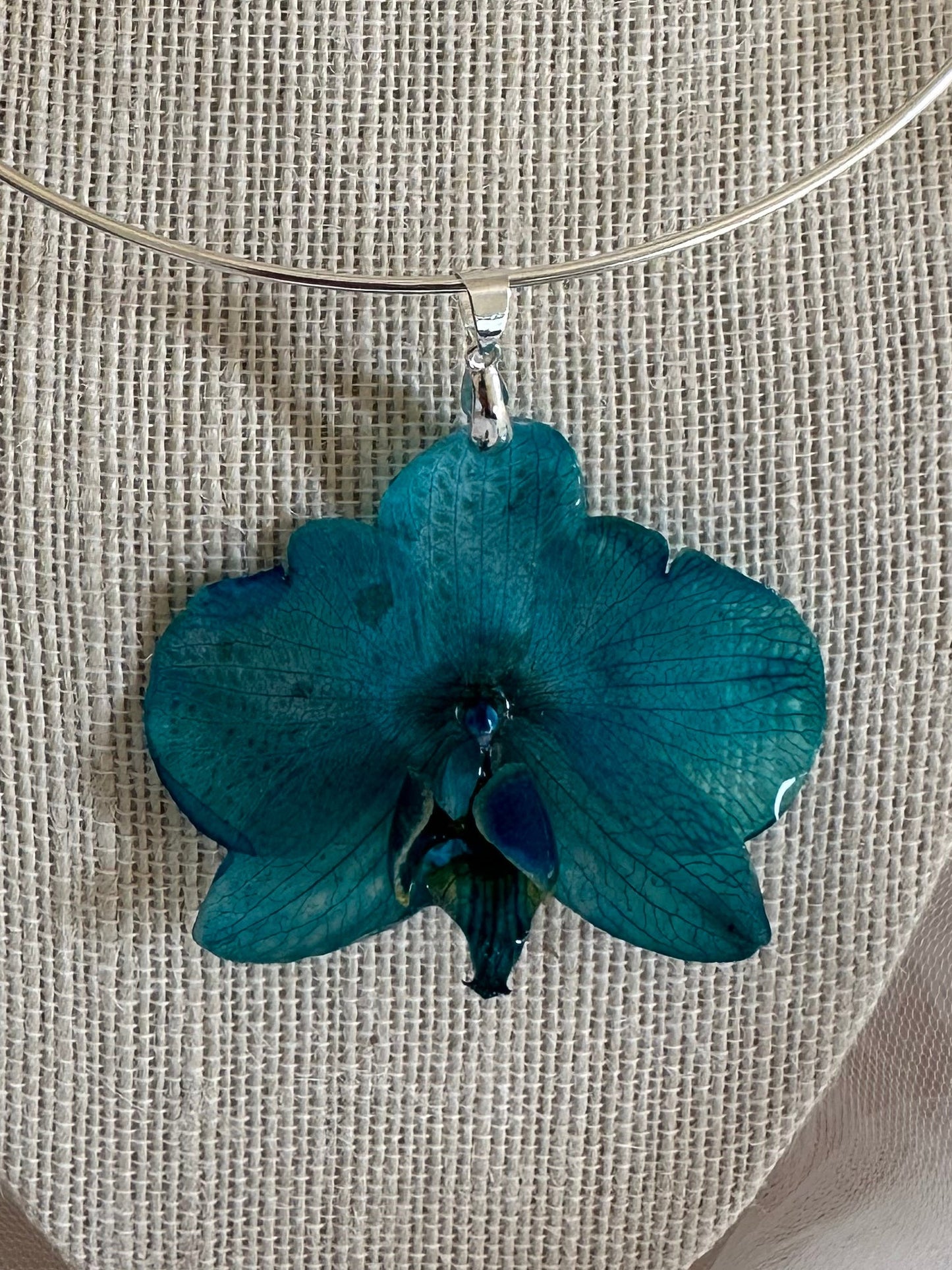 Blue pansy on silver choker