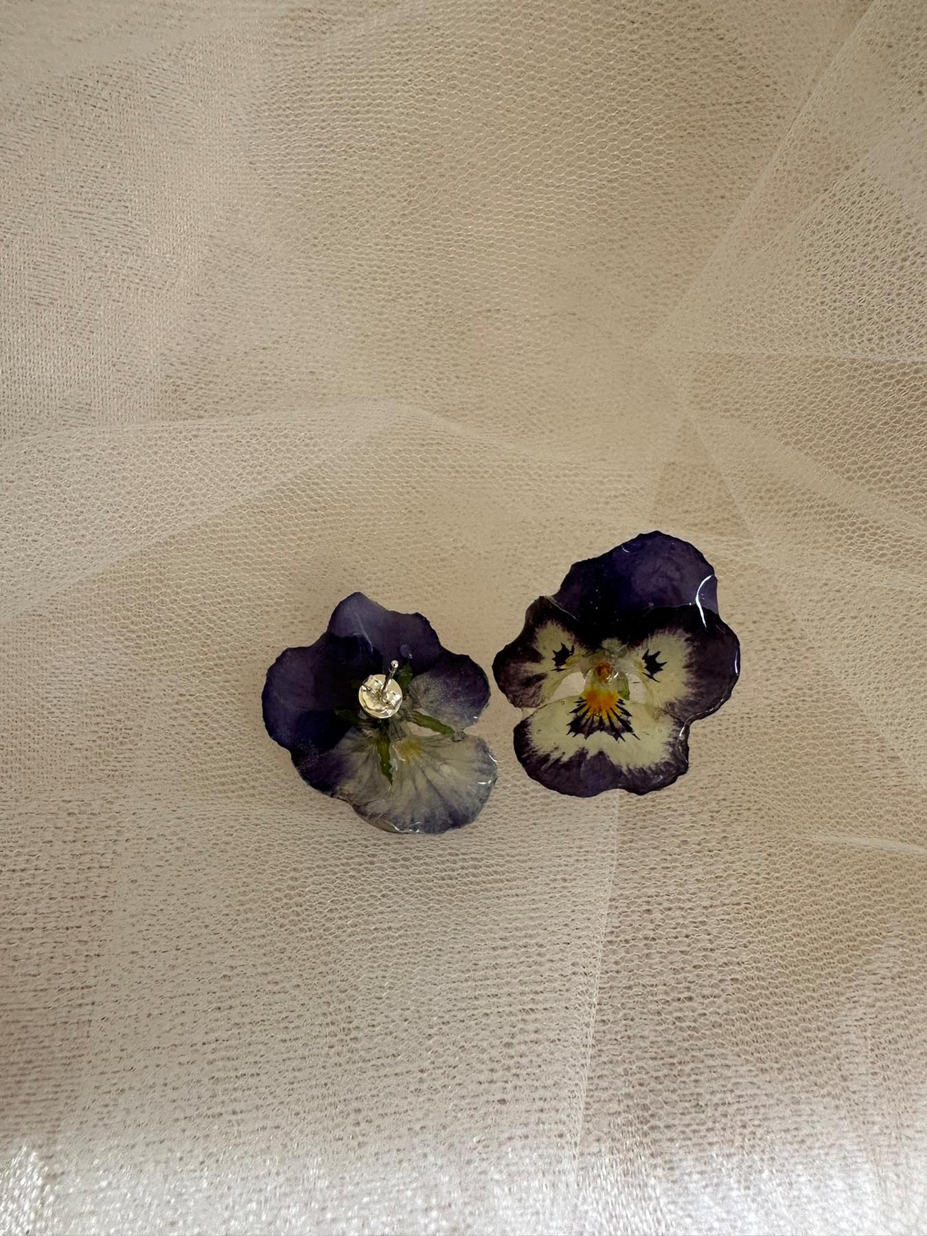 Purple and white pansy earrings