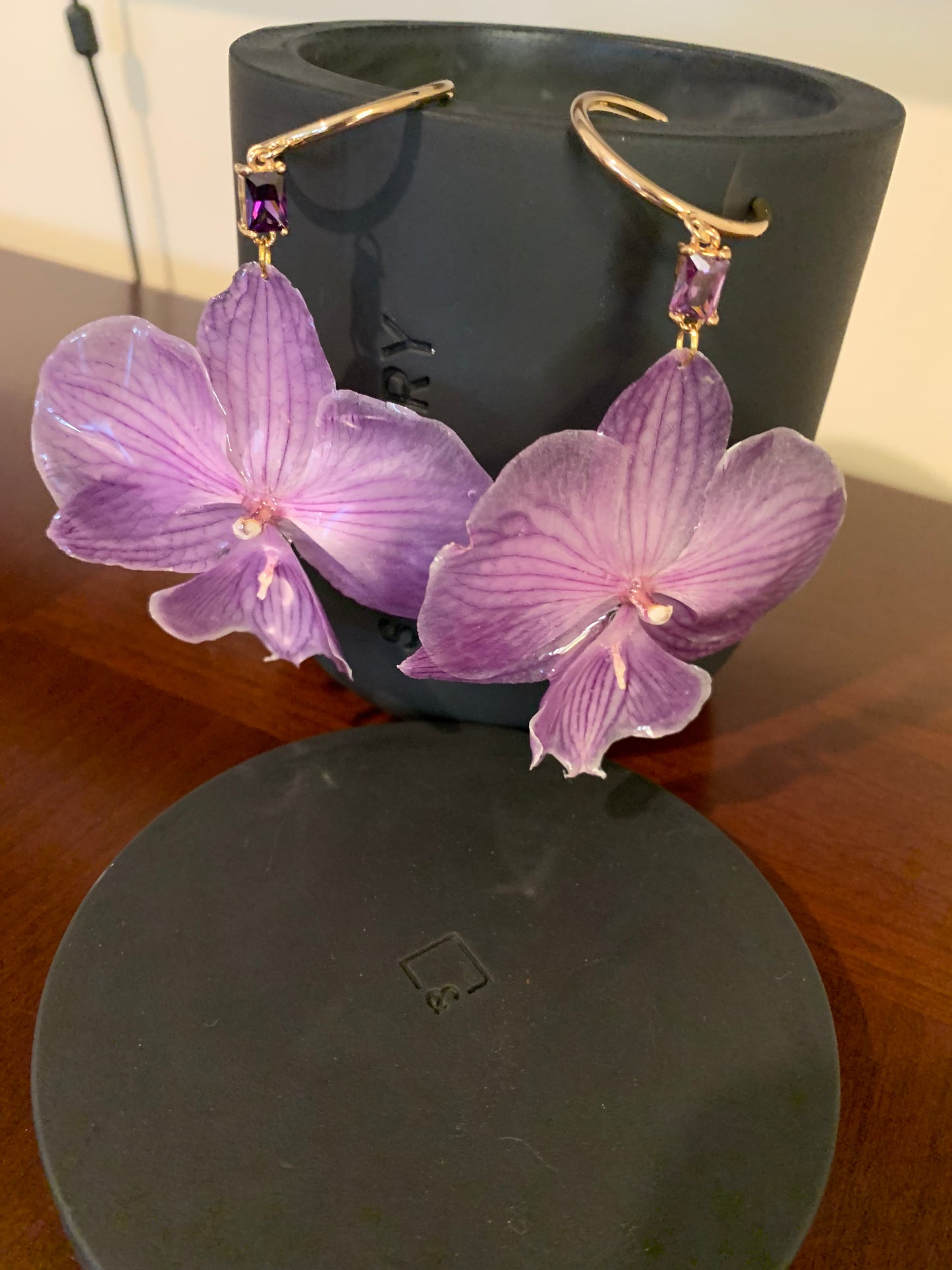Large purple orchid earrings