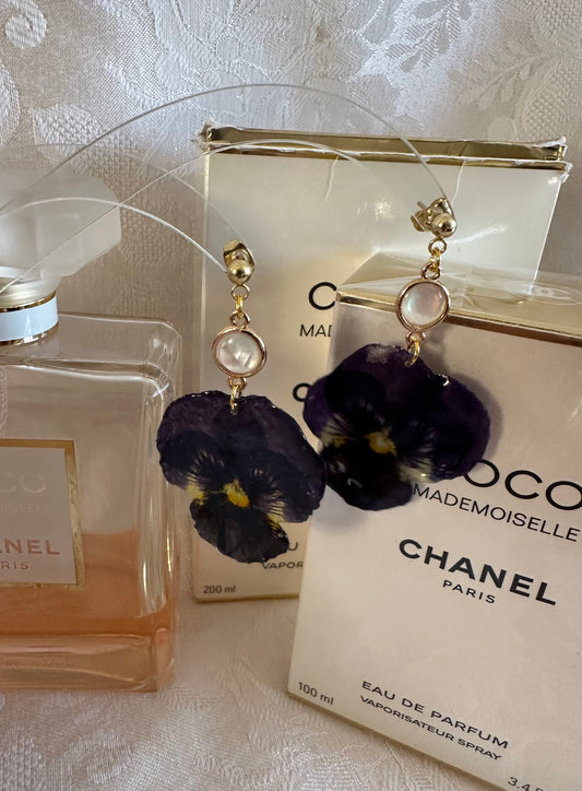 Purple pansy earrings