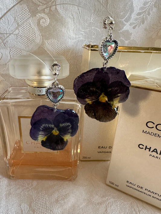 Purple pansy earrings