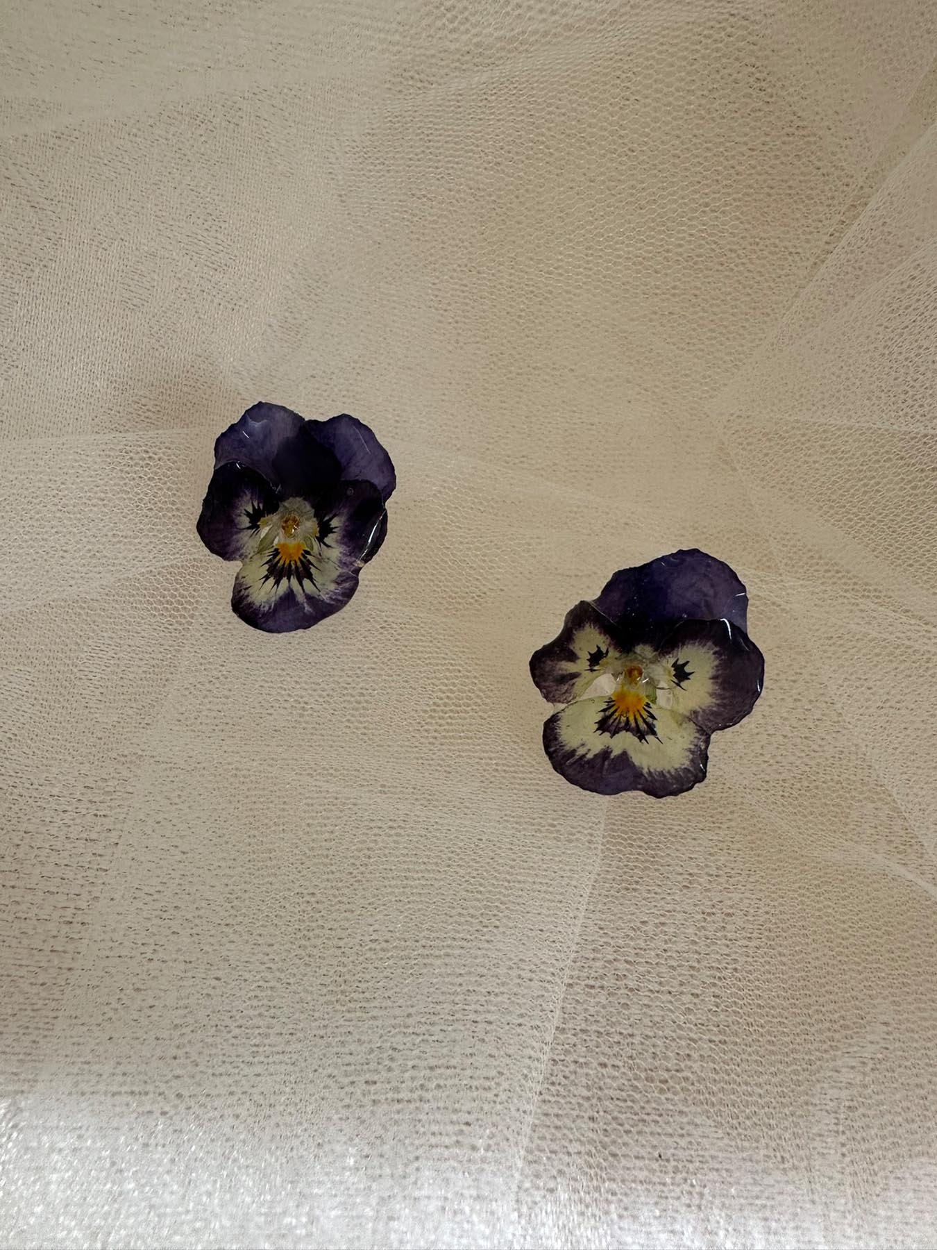 Purple and white pansy earrings